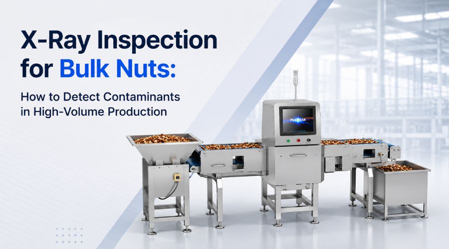 X-ray inspection system scanning bulk nuts on high-volume production line with contaminant detection overlay
