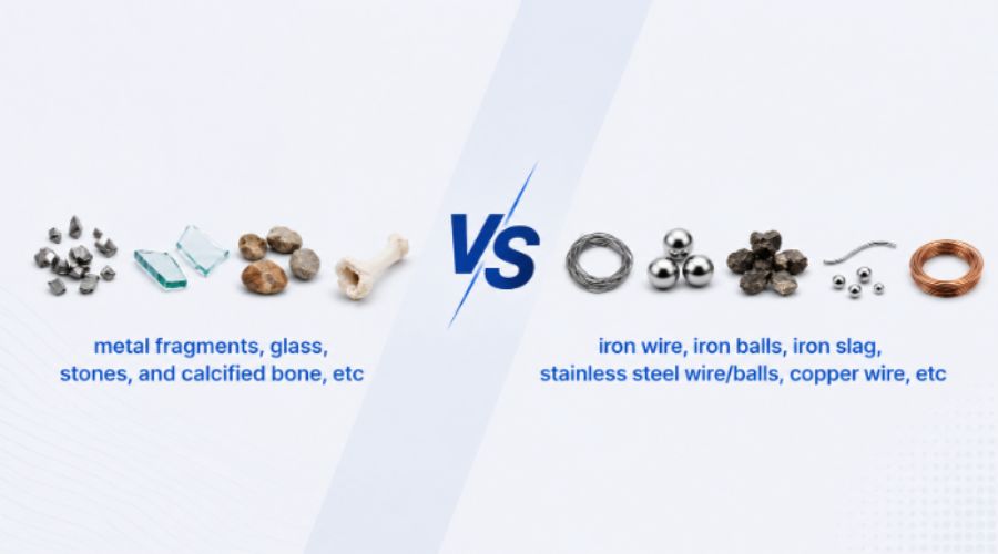Comparison chart showing X-ray detecting metal fragments, glass, stones, and calcified bone versus metal detector detecting iron wire, iron balls, iron slag, stainless steel wire/balls, and copper wire