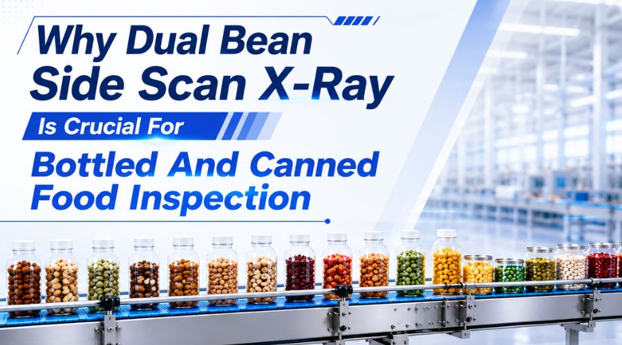 Dual beam side scan X-ray inspection system scanning glass bottles and metal cans on production line