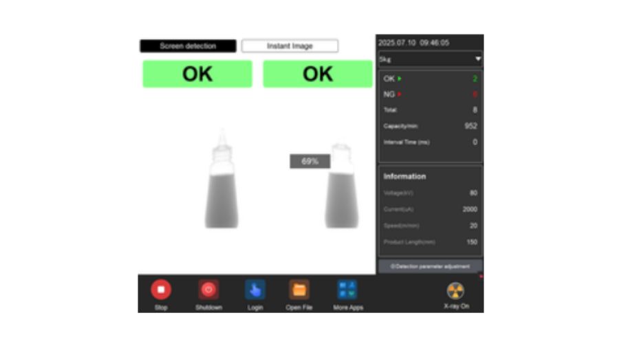 X-ray operator screen showing left and right beam images of bottles with contaminants highlighted in sidewall regions