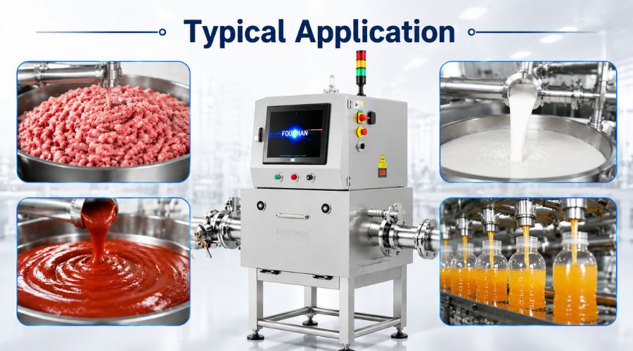 Four small images showing pipeline X-ray inspecting meat puree, milk, sauce, and beverages in production settings