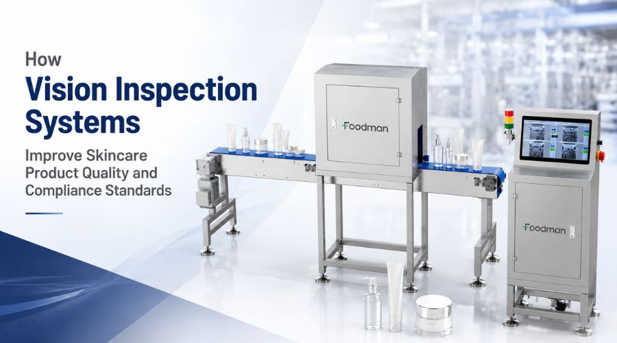 Vision inspection system scanning skincare product packaging for label, fill level, and seal defects on production line