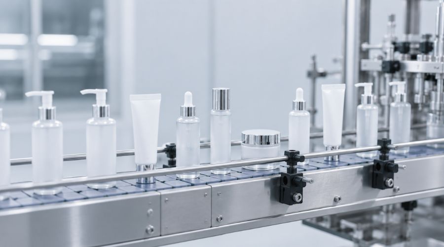 Modern skincare production line with filling station, capping station, and vision inspection system integrated after labeling