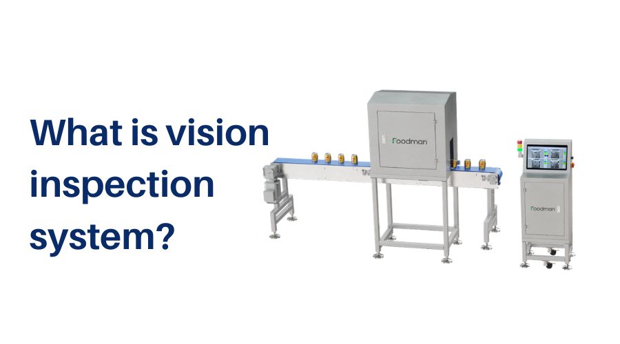 Diagram of vision inspection system showing high-resolution cameras, LED lighting, image processing unit, and rejection mechanism