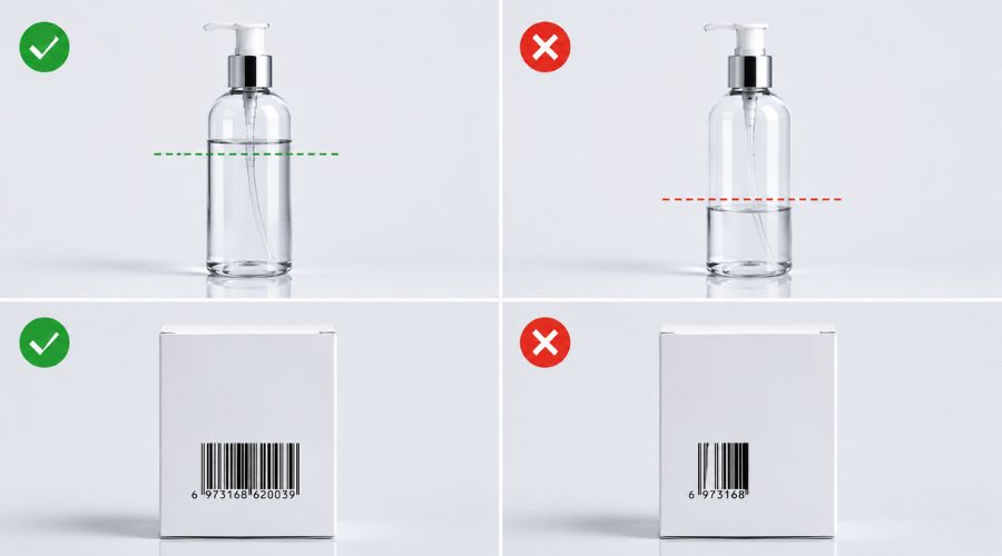 Three product defect examples: low liquid level in bottle, missing barcode, and wrinkled label on a jar