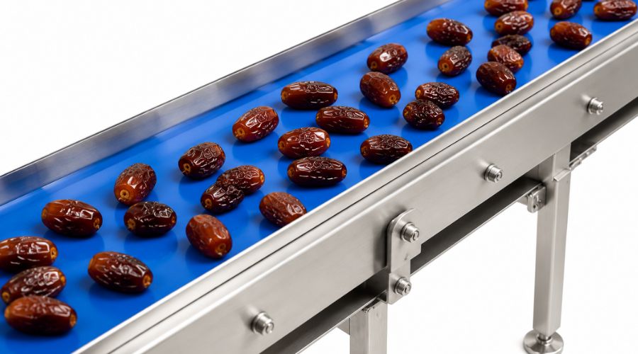 Bulk dates moving on a conveyor belt through a stainless steel X-ray inspection system in a date processing facility