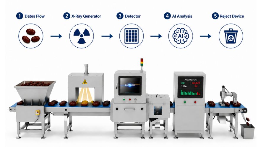 Step-by-step technical diagram showing dates flow through X-ray generator, detector array, AI analysis, and reject device