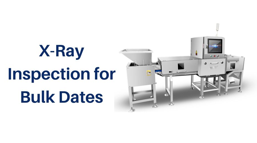 Industrial bulk X-ray inspection system for dates with stainless steel conveyor, generator housing, detector, and rejection mechanism