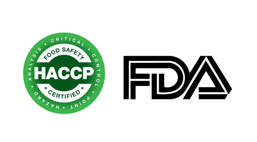 HACCP logo, FDA food import safety badge, and export quality certification mark alongside inspected dates