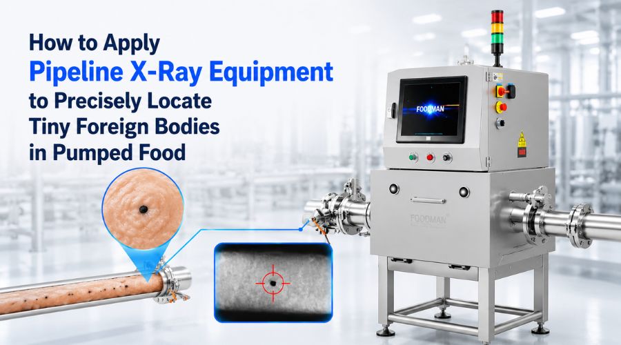 Pipeline X-ray inspection system detecting tiny contaminants in pumped food products like meat puree, milk, sauce, and beverages