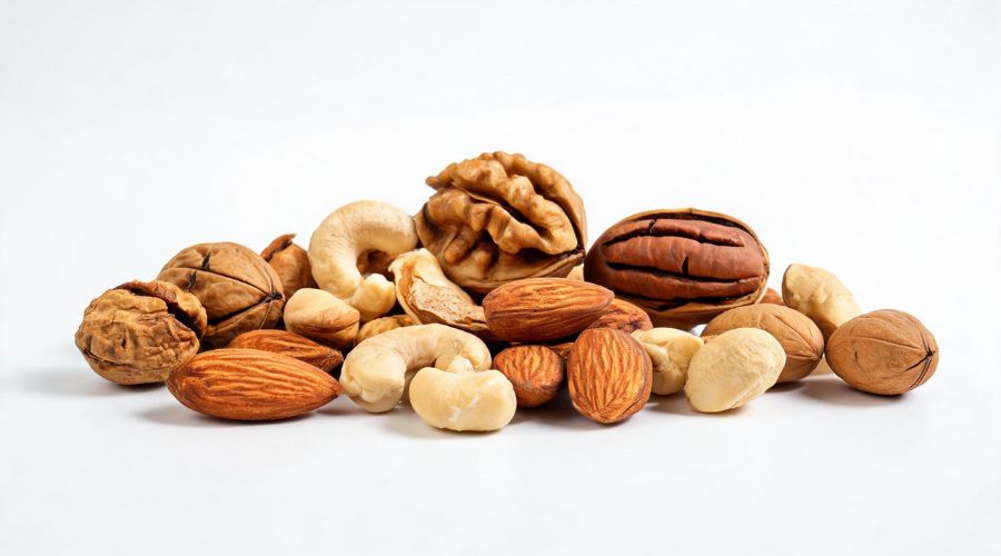 Assorted bulk nuts including almonds, walnuts, cashews, and hazelnuts on conveyor for metal fragment detection