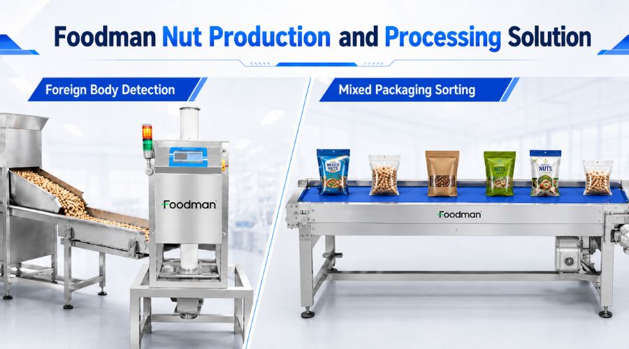 Foodman nut processing solution showing foreign body detection on left and mixed packaging sorting on right in split-screen layout