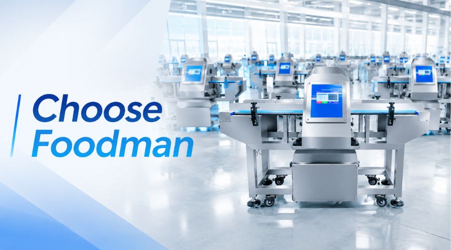 Bright modern food manufacturing facility with rows of Foodman metal detectors, checkweighers, and X-ray systems, plus "Choose Foodman" call-to-action overlay