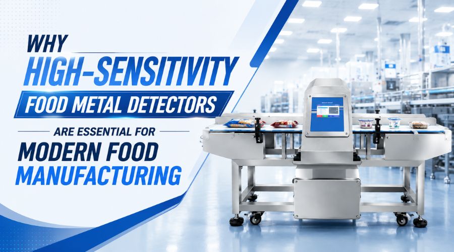 High-sensitivity food metal detector scanning packaged snacks on production line for contaminant detection and food safety compliance