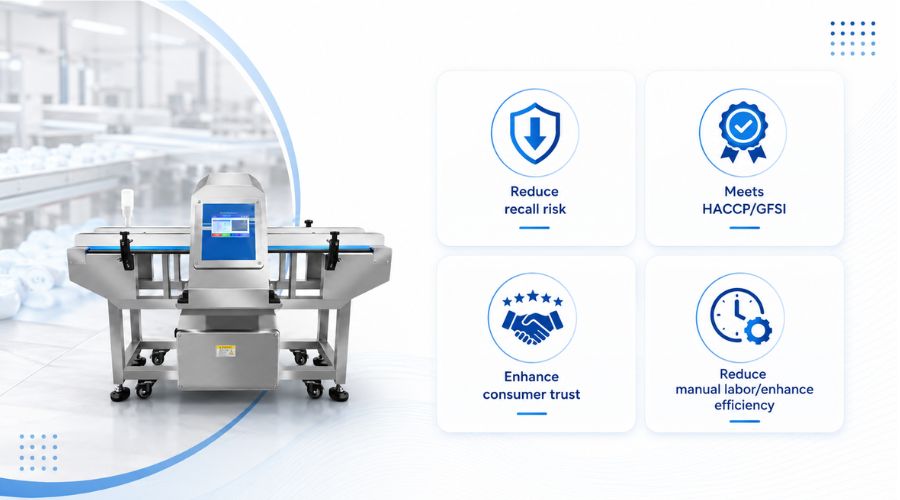 Infographic showing four benefits of high-sensitivity metal detectors: reduce recall risk, meet HACCP/GFSI standards, enhance consumer trust, and reduce manual labor