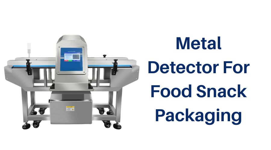 Food metal detector scanning packaged snacks including chips, nuts, and candy on high-speed conveyor line