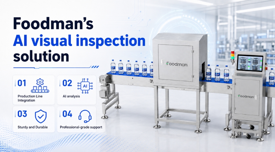 Foodman AI vision inspection solution showing four advantages: production line integration, AI analysis, sturdy durable construction, and professional-grade support