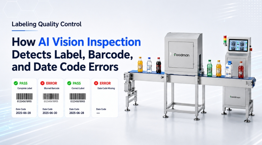 AI vision inspection system scanning product labels for barcode, date code, and label placement errors on production line