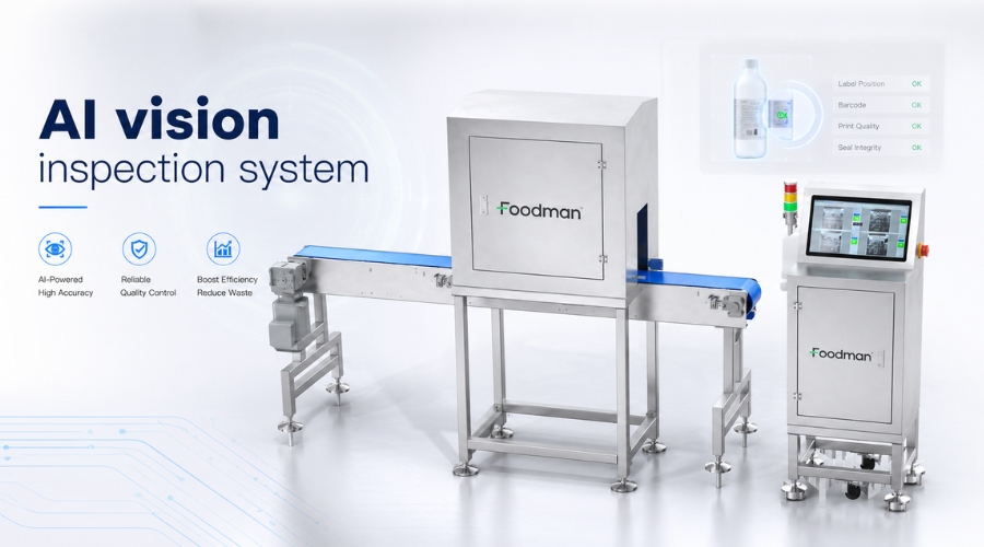 AI vision inspection system scanning labeled products including bottles, pouches, and cartons for label and code defects