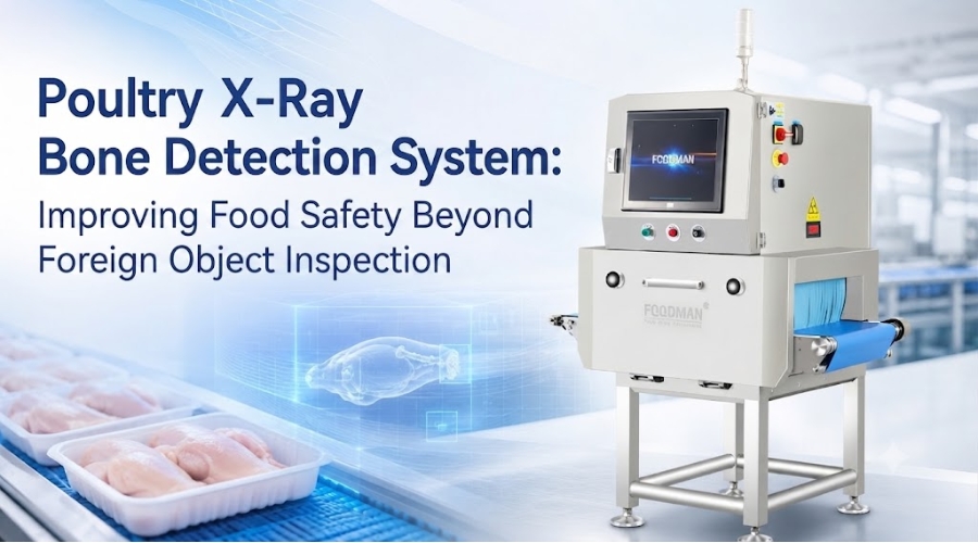 X-ray bone detection system scanning poultry products for bone fragments and cartilage on processing line