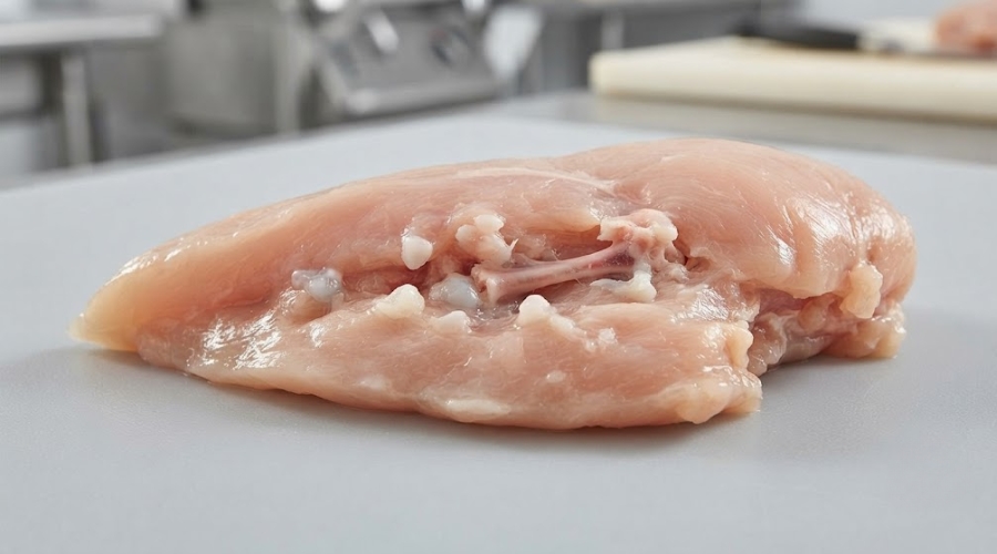 Poultry meat showing bone fragments and cartilage that X-ray systems can detect during processing