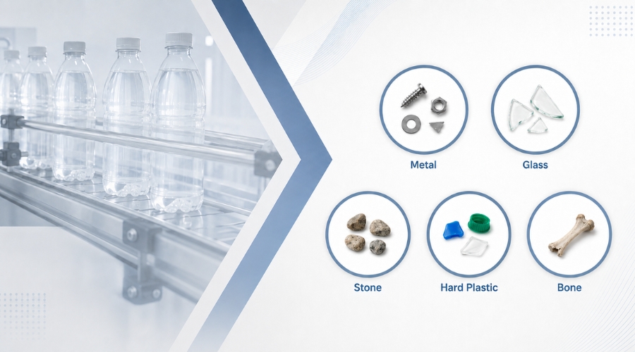 X-ray image showing five detectable contaminants: metal, glass, stone, hard plastic, and bone fragments inside bottled products