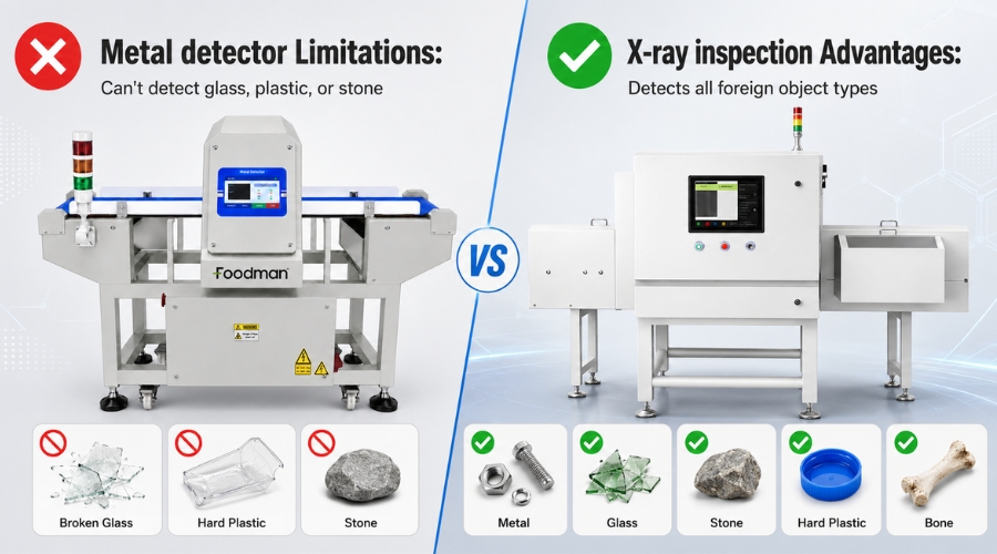 Comparison chart showing metal detector limitations versus X-ray inspection advantages for contaminant detection