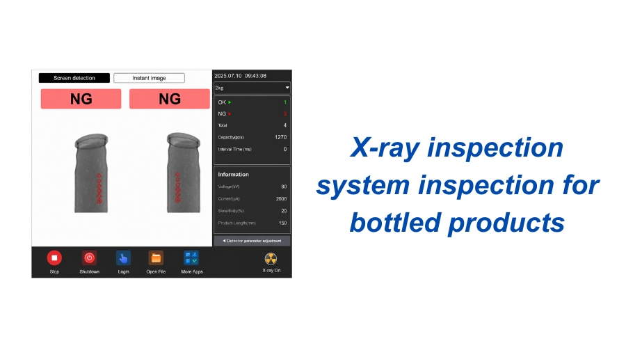 Dual source X-ray inspection system scanning bottled products with two generators eliminating blind spots