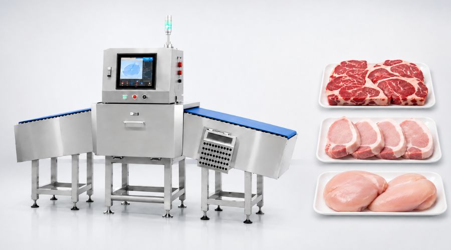 DEXA fat analysis machine scanning meat products on a processing line