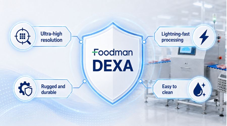 Foodman shield icon surrounded by ultra-high resolution, lightning-fast processing, rugged durable, and easy to clean