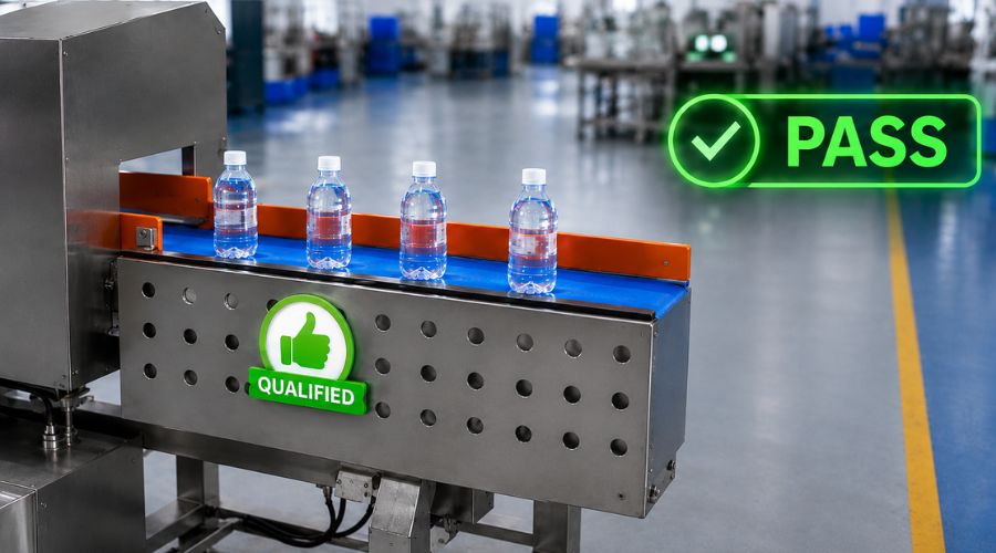 Beverage bottles passing through conveyor metal detector with qualified green checkmark