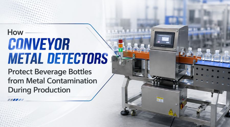 Foodman conveyor metal detector inspecting beverage bottles for metal contamination on production line