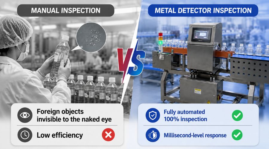 Comparison of manual visual bottle inspection versus automated conveyor metal detection system