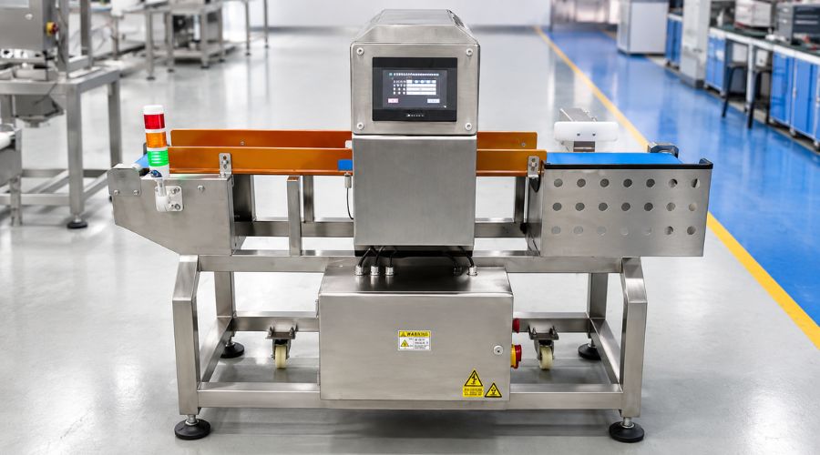 Foodman conveyor metal detector with high-pass aperture for beverage bottle inspection