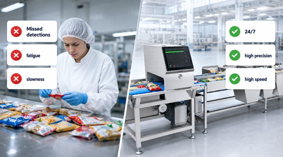 Comparison between manual visual inspection with errors and AI vision system with 24/7 high-speed precision