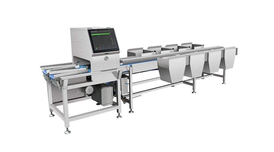 AI-powered vision inspection and sorting machine handling mixed products on conveyor