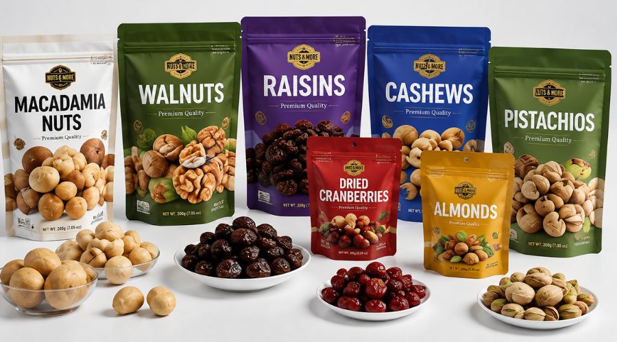 Assorted snack packages including macadamia nuts, walnuts, raisins on production line