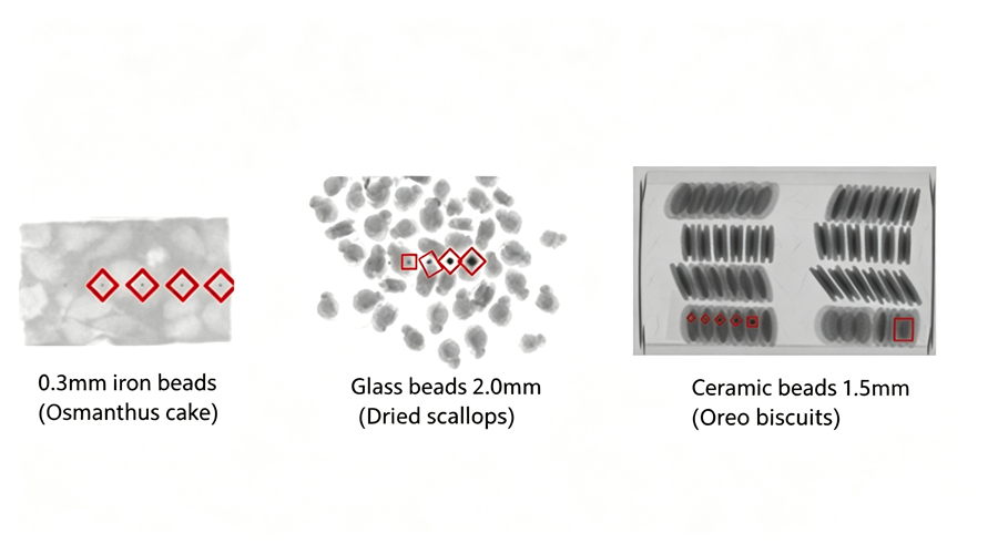 X-ray image of Oreo cookies showing creme filling, wafer layers, and potential foreign objects in clear contrast