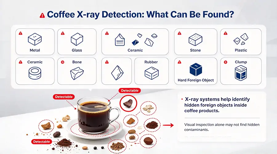 Illustration of hidden foreign objects such as metal, stone, glass and plastic inside coffee packaging