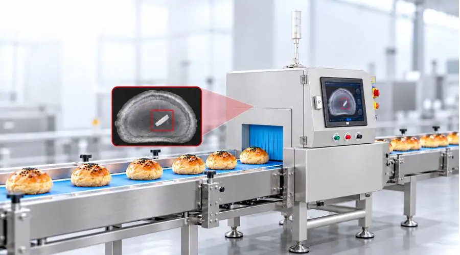 Foodman X-ray inspection system scanning egg yolk pastries for shell, bone and other foreign objects