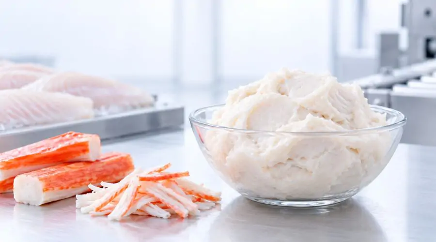 Fresh surimi paste and formed surimi products on a processing line