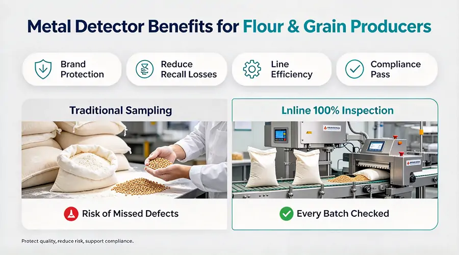 Benefits of Foodman metal detection systems for flour and grain producers including safety, compliance and reduced recalls