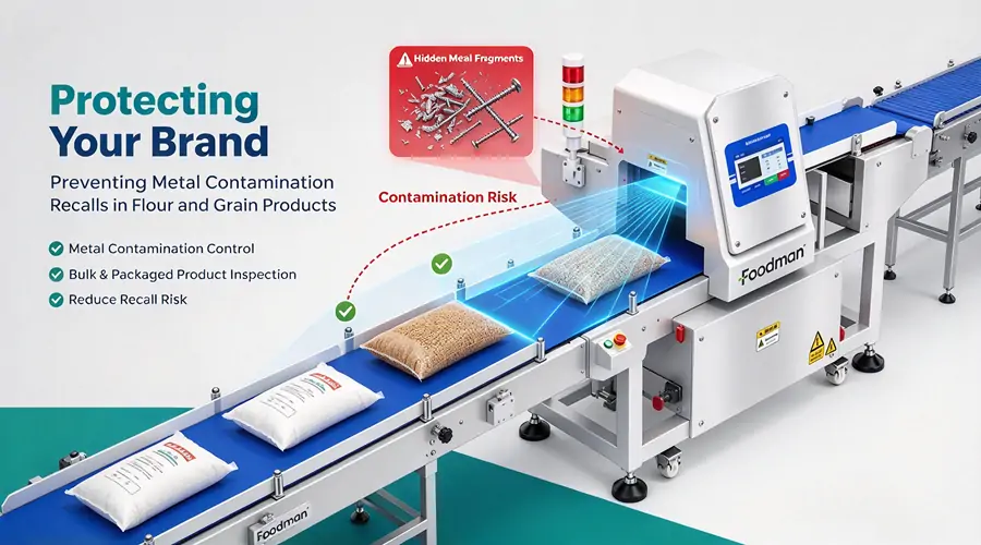 Brand protection concept showing metal detection preventing costly recalls in flour and grain industry