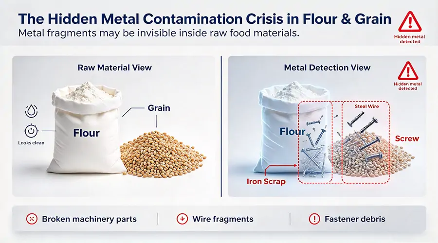 Illustration of hidden metal fragments, wire, screws and wear particles in flour and grain products
