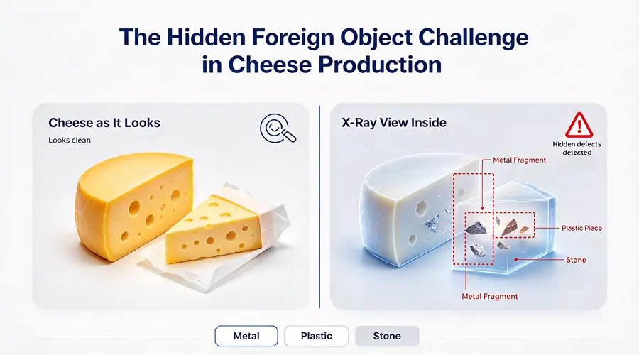 X-ray image revealing hidden foreign objects inside cheese blocks and shredded products