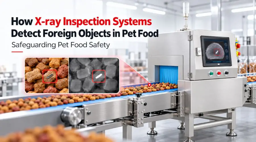 Foodman X-ray inspection system scanning pet food products for foreign objects on a production line