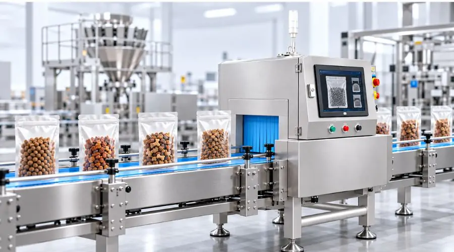 Foodman X-ray inspection machine installed on a pet food production line