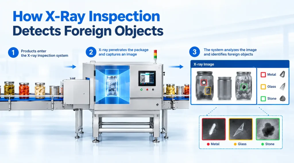 Diagram illustrating how X-ray inspection reveals foreign objects inside glass bottles and cans