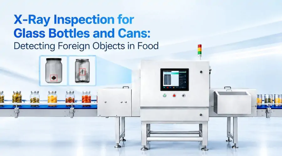 Foodman X-ray inspection system scanning glass bottles and cans for foreign objects on a food production line